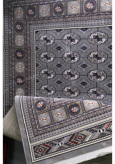 Asya Etnik Desenli Saçaklı Salon Oturma Odası Halısı 70174-95 Gri