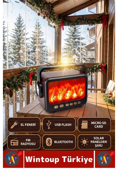 Premium Retro Dekoratif Ahşap Görünüm Led Nostaljik Şömine Tasarımlı Solar Şarjlı Bluetooth Hoparlör