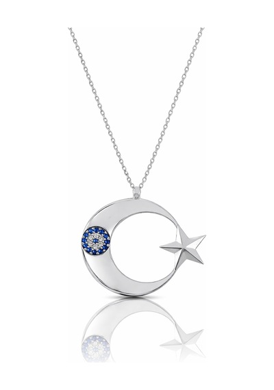 Çekirdekjewelry 925 Ayar Gümüş Ay Yıldız Kolye Nazar Boncuk Taşlı, Parlak Rodyum Kaplama Gümüş