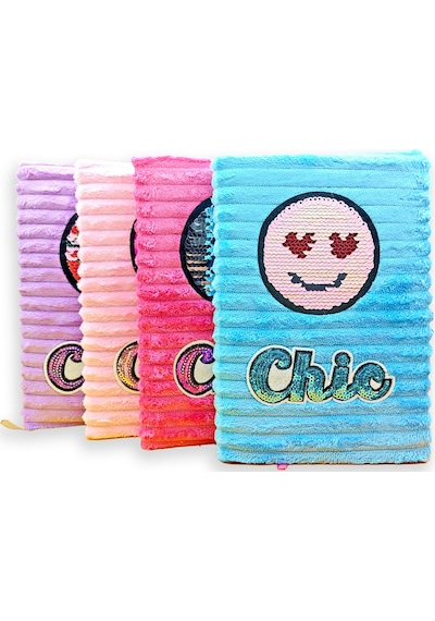 Peluş Pullu Not Defteri 20x13 Cm , 60 Yaprak, Kalpli Gülenyüz - Mavi
