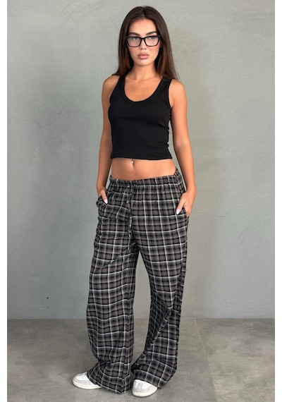 Madmext Siyah Lastikli Bel Geniş Paça Ekose Pantolon Mg2658