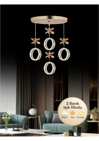 Zero Model 4"lü Kristal Taşlı Gold 3 Renk Modu Ledli Salon Mutfak Oturma Odası Sarkıt Led Avize Metalik