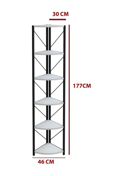 Datça 6 Raflı Metal Köşe Kitaplık Rafı Dekoratif Aksesuar Rafı 180 Cm Beyaz Beyaz
