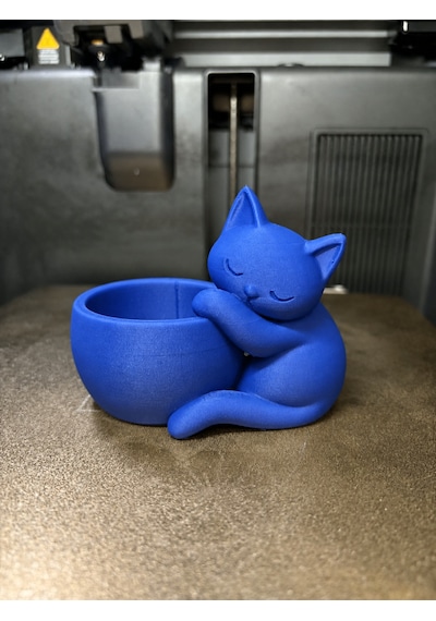 3d Baskı Sarılan Kedi Saksı - Sevimli Dekoratif Saksı - Mavi -