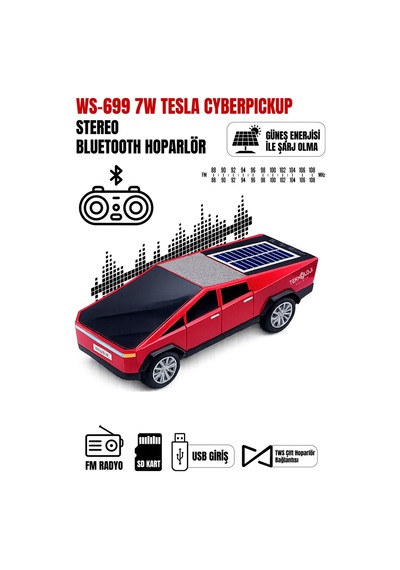 Ws-699 Cybertruck Model Bluetooth Hoparlör Tws Stereo Güneş Enerjili Şarj Usb / Tf Kart / Aux / Fm Radyo