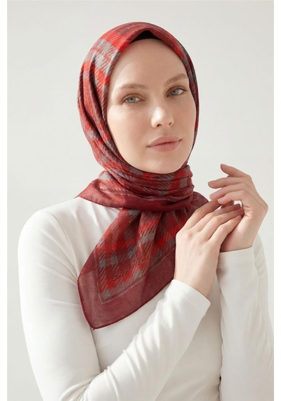 Silk Home Viskon Velora Eşarp Dört Mevsim Ekose Desen Koyu Kırmızı 90x90 Çok Renkli