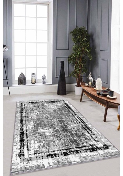 Gri Çerçeveli Kaymaz Tabanlı Makinede Yıkanabilir Halı Rv103n11