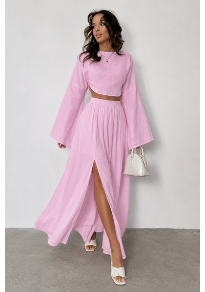 Unika Boutique Ham Keten Bohem Bluz Etek Takım Toz Pembe