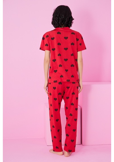 Siyah İnci Gömlek Yaka Düğmeli Örme Pijama Takım Kırmızı Siyah Kalp