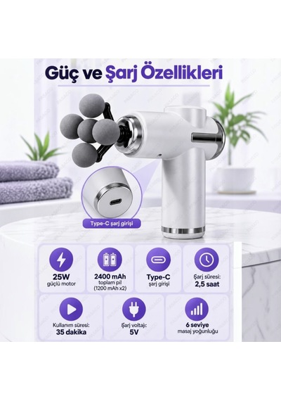 Auhma Amg49 2400mah 6 Kademeli 5 Başlıklı Masaj Tabancası Derin Kas Masaj Cihazı
