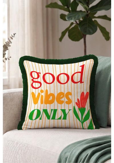 Good Vibes Only Çiçekli Saçaklı Yastık Kılıfı - Retro Botanik Yeşil Siyah Püsküllü Kırlent Kılıfı Yeşil