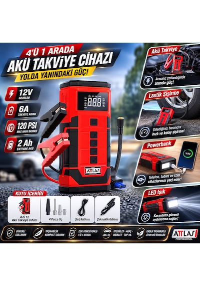 Attlas Ajs 12 4'ü 1 Arada Akü Takviye Cihazı 12v 6a 120 Psı Lastik Şişirme Powerbank Led