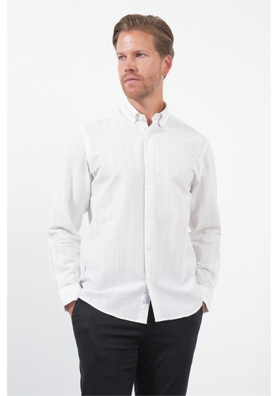 İmza Beyaz-kahverengi Yumuşak Yaka Uzun Kol Slim Fit Pamuklu Gömlek 1004260260 Beyaz - Kahverengi