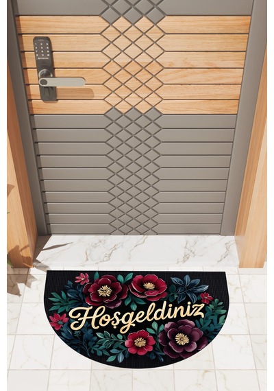 Rugmood Modern Dijital Paspas Kırmızı Çiçek Hoşgeldiniz Kapı Önü Paspası Çok Renkli