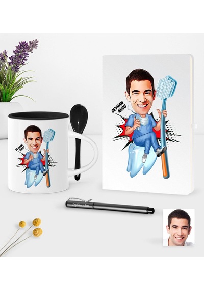 Kişiye Özel Bay Diş Hekimi Karikatürlü Beyaz Defter Kalem Kaşıklı Kupa Seti - 2