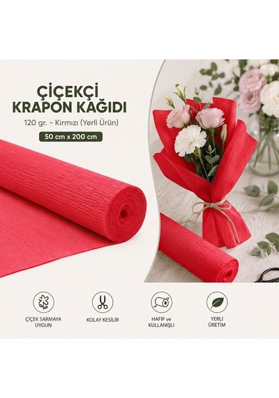 Çiçekçi Krapon Kağıdı 120 G, Kırmızı Yerli Ürün -50 Cm X 200 Cm,