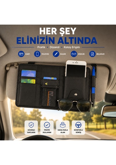 Polham Çok Fonksiyonlu Araç Güneşlik Cüzdanı Organizer Telefon, Kart, Gözlük Ve Kalem Bölmeli Organizer