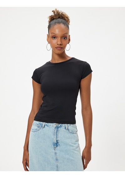 Koton Bisiklet Yaka Tişört Sırt Detaylı Kısa Kollu Slim Fit Siyah 4sal10837ık Siyah