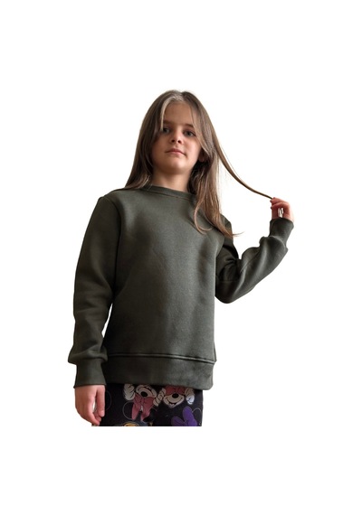 Pxm 3 Iplik Şardonlu Premium Kumaş Düz Çocuk Sweatshirt Haki Haki Yeşil Haki Yeşil