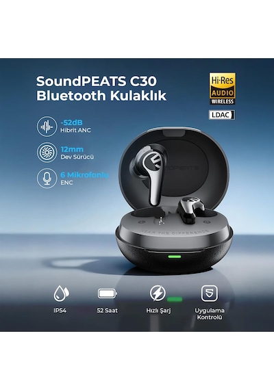 C30 Hybrid Anc Hi-res Ldac Tws Bluetooth 6.0 Kablosuz Kulak İçi Kulaklık Siyah