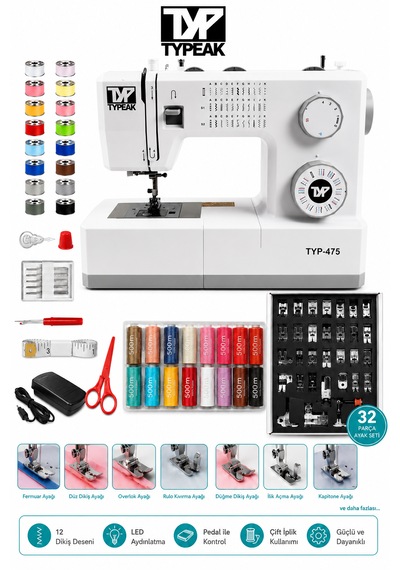 Typeak 34 Desenli Ev Tipi Dikiş Makinası Düz Dikiş Zigzag Dekoratif Dikiş Ayak Ve İp Setli Beyaz
