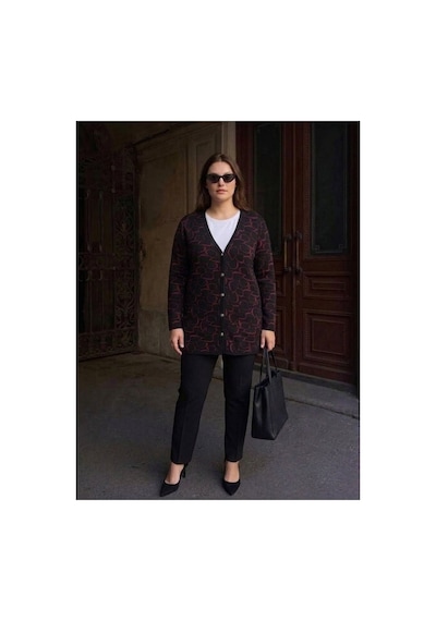 Onno Style Women Kalp Desenli Klasik Triko Düğmeli Ceket Siyah - Bordo