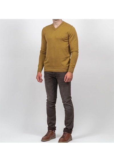 Erkek V Yaka Triko Slim Fit Pamuklu Kazak Ncs Jeans 3002-Hardal