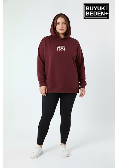 Süperlife Kadın Büyük Beden California 1974 Baskılı Kapüşonlu İnce Sweat Rahat Kalıp Hoodie Spr26bswk965 Bordo