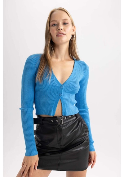 Defacto Coool Regular Fit Crop Düğmeli V Yaka Triko Hırka A2076AX23AUBE124 Mavi