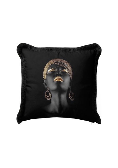 Lüks Afro Portre Saçaklı Yastık Kılıfı - Afrika Esintili Bohem Siyah Püsküllü Kırlent Kılıfı Koyu Gece Kahve