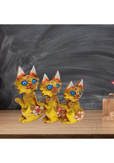 Ahşap Simli Üçlü Kedi Dekoratif Biblo No.2 17 Cm