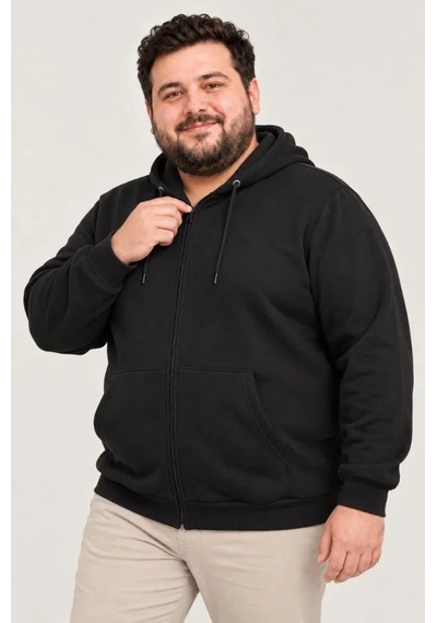Erkek Battal Büyük Beden Üç İplik İçi Şardonlu Kapüşonlu Tam Fermuarlı Kışlık Sweatshirt - Siyah
