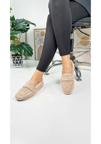 Günlük Kadın Loafer Peluş Astarlı Oval Burunlu Alçak Desenli Tabanlı Ayakkabı 375 VIZON