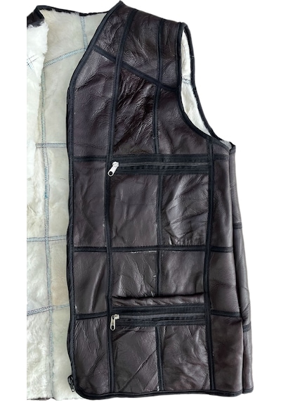 Lnleather Patchwork Içi Kürk-Dışı Süet Hakiki Deri Acı Kahverengi Yelek