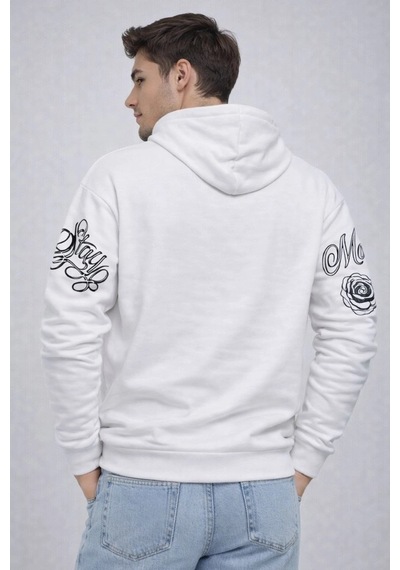 Novalisse Erkek 3 İplik Pamuklu Kapüşonlu Baskılı Sweatshirt Hoodie - Beyaz Çoklu Renk