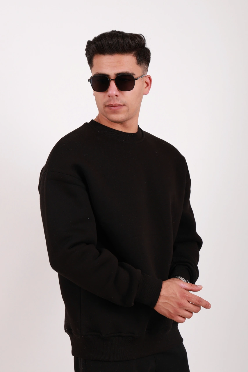 Erkek Standart Fit Bol Kesim %100 Pamuklu Içi Şardonlu 3 Iplik Bisiklet Yaka Sweatshirt Siyah