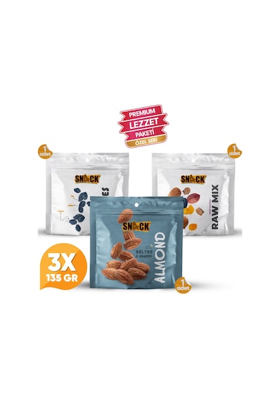Snack Sağlıklı Atıştırmalık Paketi 3x135 Gr Çiğ Karışım Özbek Kuru Üzüm Kavrulmuş Badem Premium Set 405 Gr 400 G