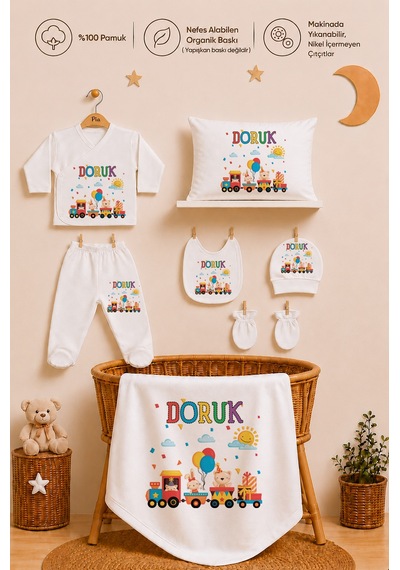 Pia Baby Erkek Bebek Hastane Çıkışı 11 Parça %100 Pamuk İsimli Kişiye Özel Organik Baskılı Set 205011yx Ekru