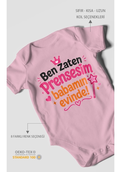 Morivokids Ben Zaten Prensesim Babamın Evinde Kısa Kollu Bebek Body %100 Pamuk Koyu Pembe