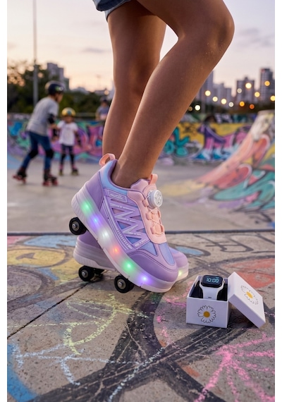 Muggo Sky Çocuk Işıklı Patenli Tekerlekli Sneaker Spor Ayakkabı Lila