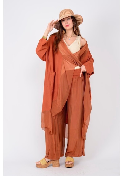 Bohem Stil Italyan Ipek Detaylı Oversize Kap Bluz- Wes Pantolon Takım-8789 Kiremit