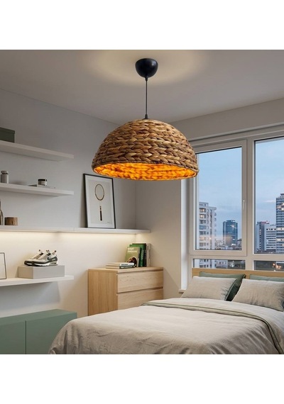 İma Organik El Örmesi Avize - Muz Ağacı Lifli Modern Sarkıt 40 Cm E27 Duy Ahşap
