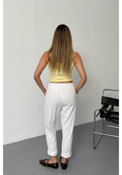 Jee Lee Kadın Beli Ayarlanabilir Çift Cepli Pantolon Beyaz - 26y Yp5295