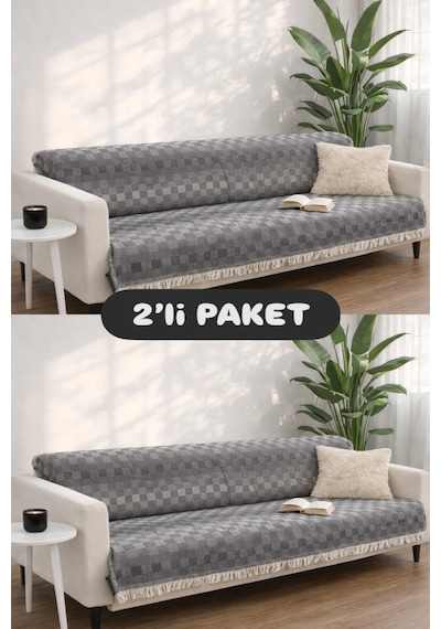 Miracolo Home Pamuklu Koltuk Örtüsü Şalı Kaymaz Dokulu Çok Amaçlı Kanepe Çekyat Örtüsü 170x200 Cm 2'li Paket Siyah