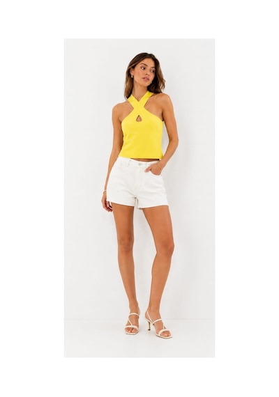 Onno Style Women Kolsuz Askılı Çapraz Yaka Triko Kadın Bluz Sarı