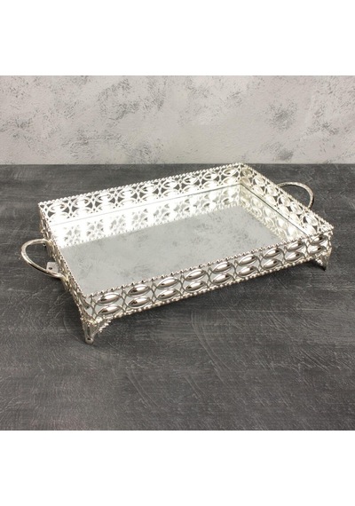 Aynalı Tepsi Dekoratif Sunum Tepsisi Büyük Boy Badem Desenli Metal Gümüş 35 X 25 Cm