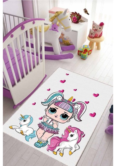 Pembe Kaymaz Tabanlı Yıkanan Lol Bebekli Çocuk Halısı Kd117n11
