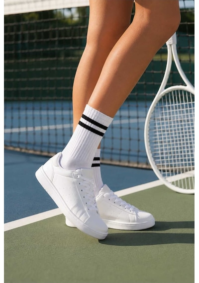 Tenra Ace Kadın Çizgili Tenis Çorabı - Spor Soket Çorap Beyaz