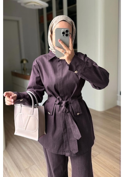 Ka Hijab Pelerinli Kot Takım - Mürdüm