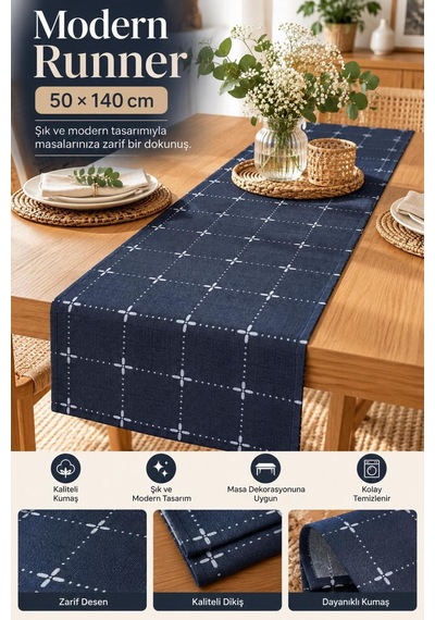 Slc Home 50 X 140 Cm Runner , Masa Örtüsü , Şık Tasarım Çok Renkli Lacivert - 940738266 Lacivert